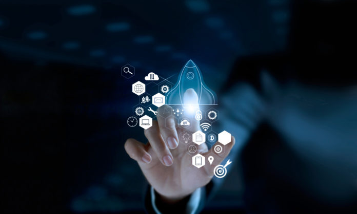 Startup,Concept.,Businessman,Touching,Icon,Transparent,Rocket,Is,Launching,And invest