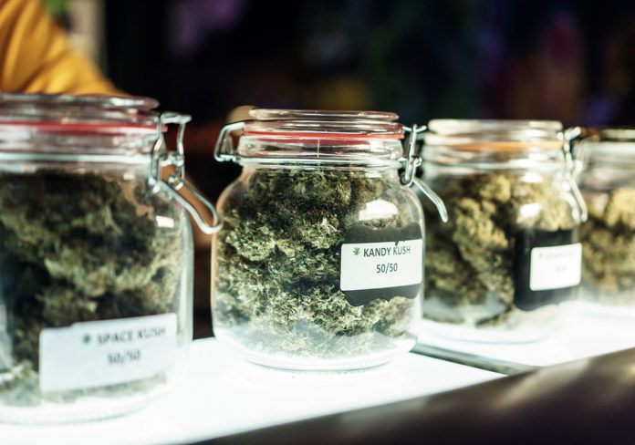 A,Dispensary,Worker,Vending,Jars,Of,Cannabis. CBD